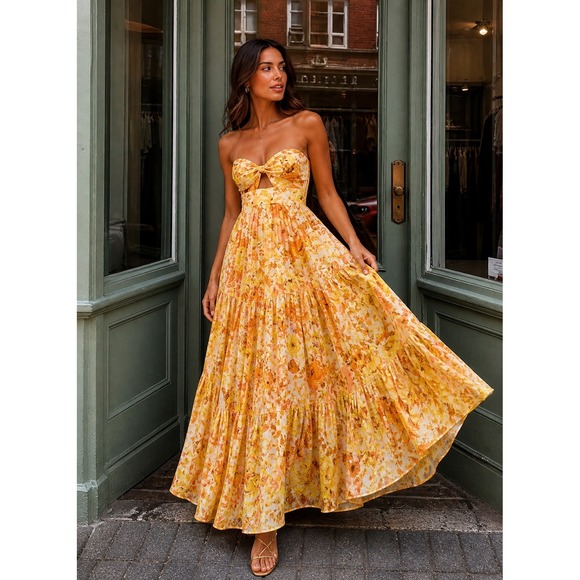 Zimmermann Dresses & Skirts - Zimmermann Raie Strapless Tiered Floral Yellow Cotton Maxi Dress Dress 0P US 2P